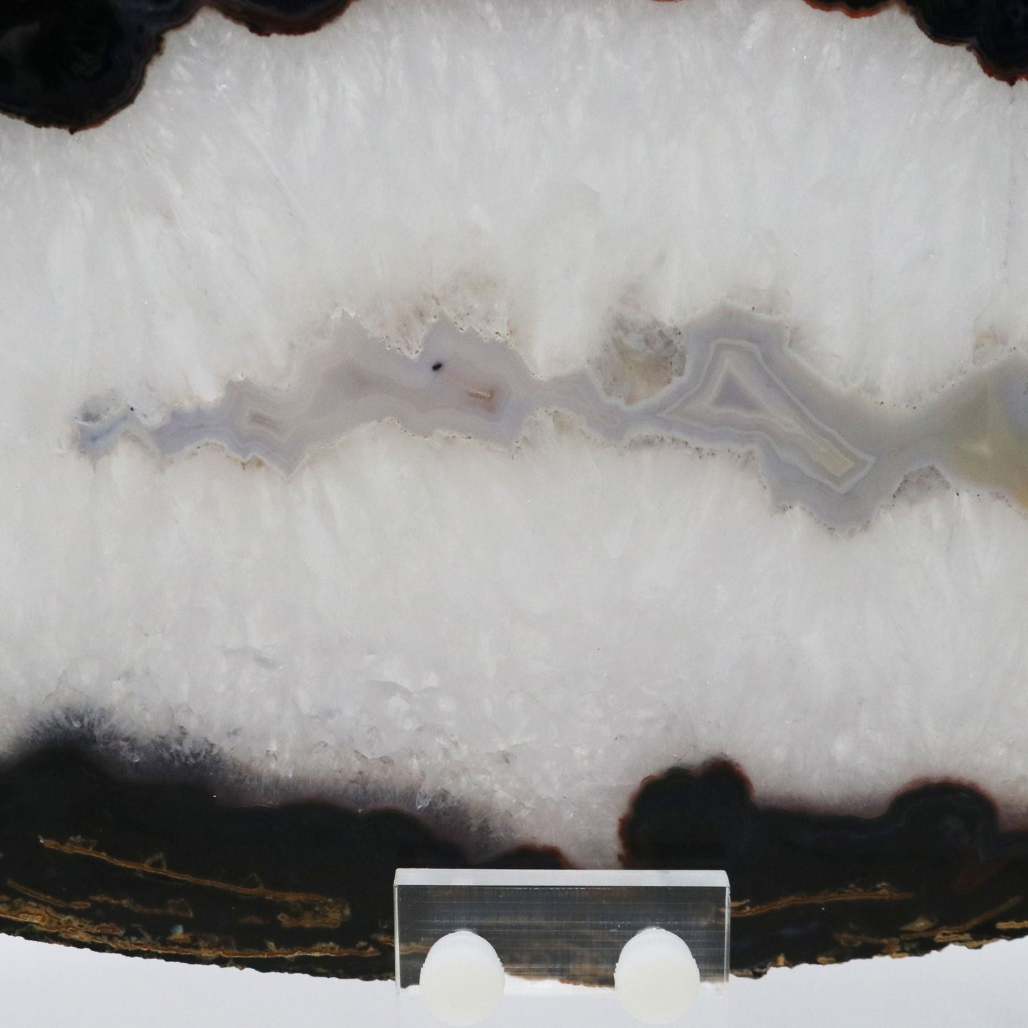 Agate Druze Slice on Screw Stand - Thick Black & Blue Exterior Layer with Quartz and Ash Gray Agate Center - Double-Sided Polish