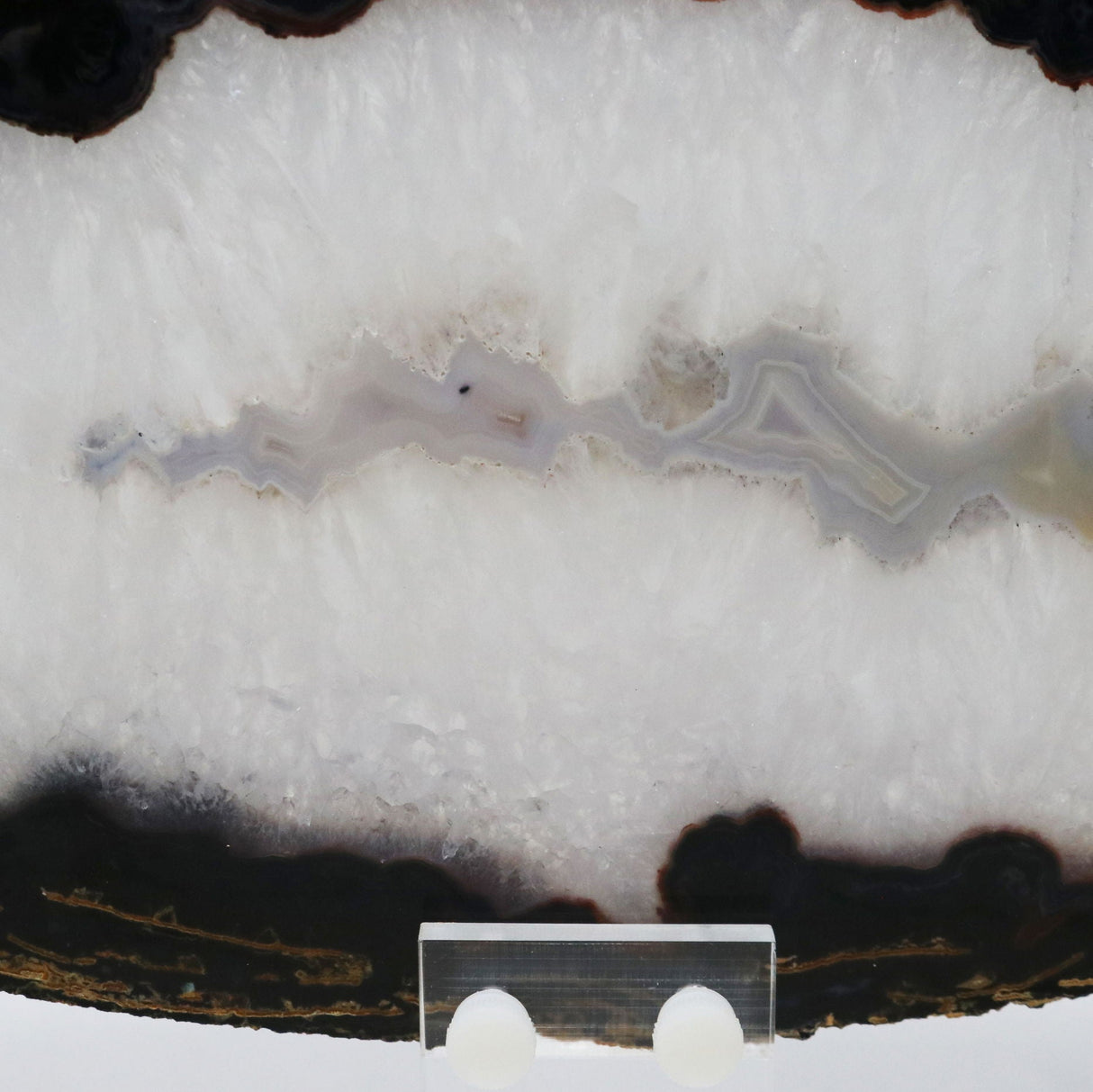 Agate Druze Slice on Screw Stand - Thick Black & Blue Exterior Layer with Quartz and Ash Gray Agate Center - Double-Sided Polish