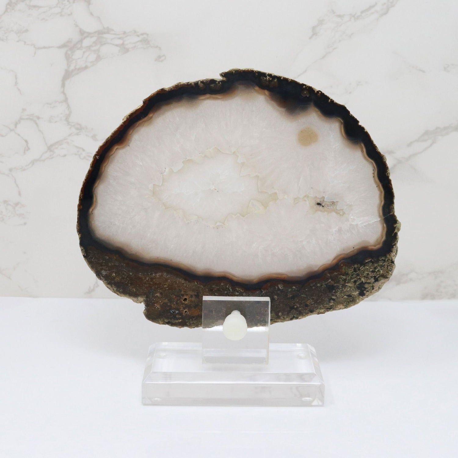 Agate Slice on Screw Stand - Quartz with Dark Mossy Agate Exterior & Eye Inclusion & Double-Sided Polish