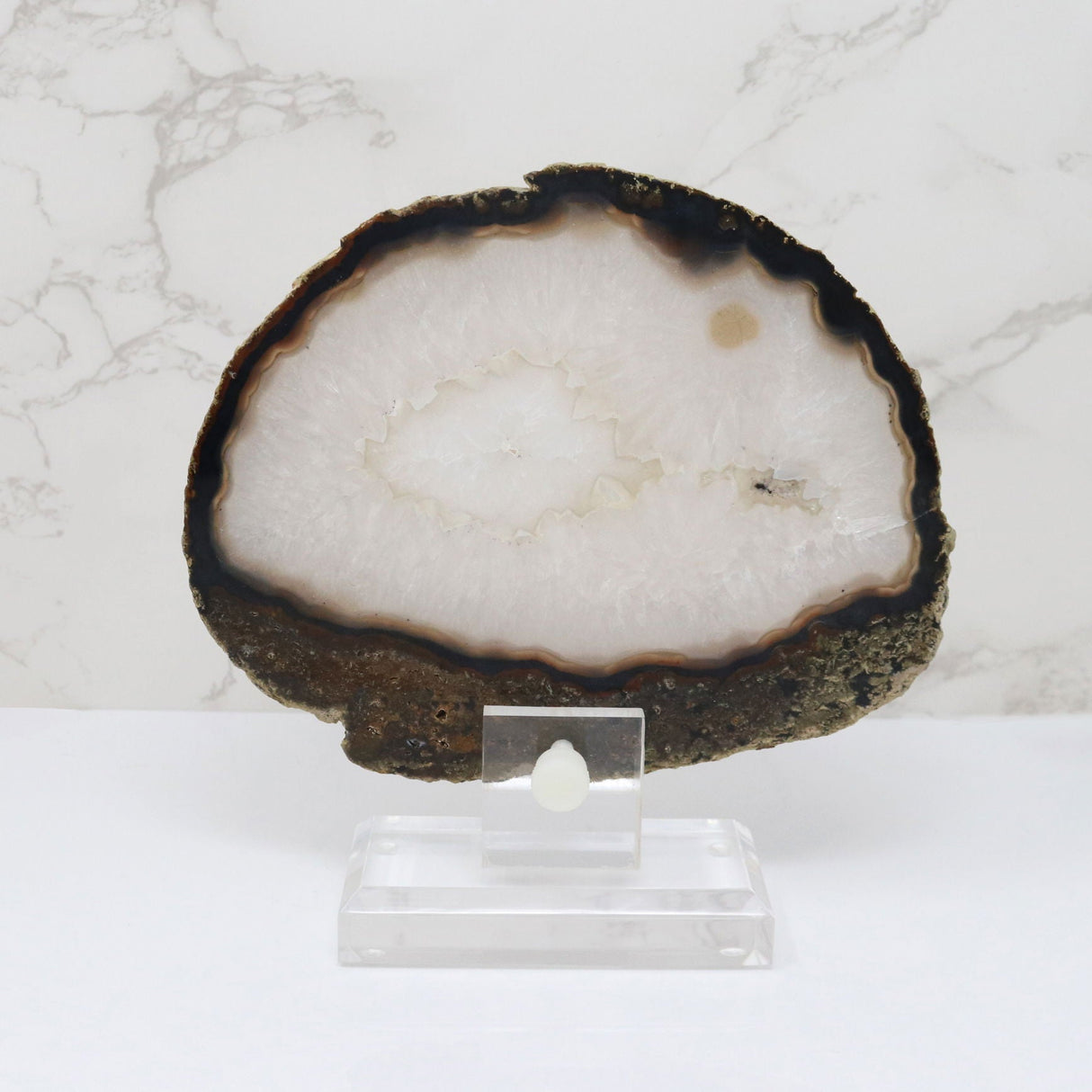 Agate Slice on Screw Stand - Quartz with Dark Mossy Agate Exterior & Eye Inclusion & Double-Sided Polish