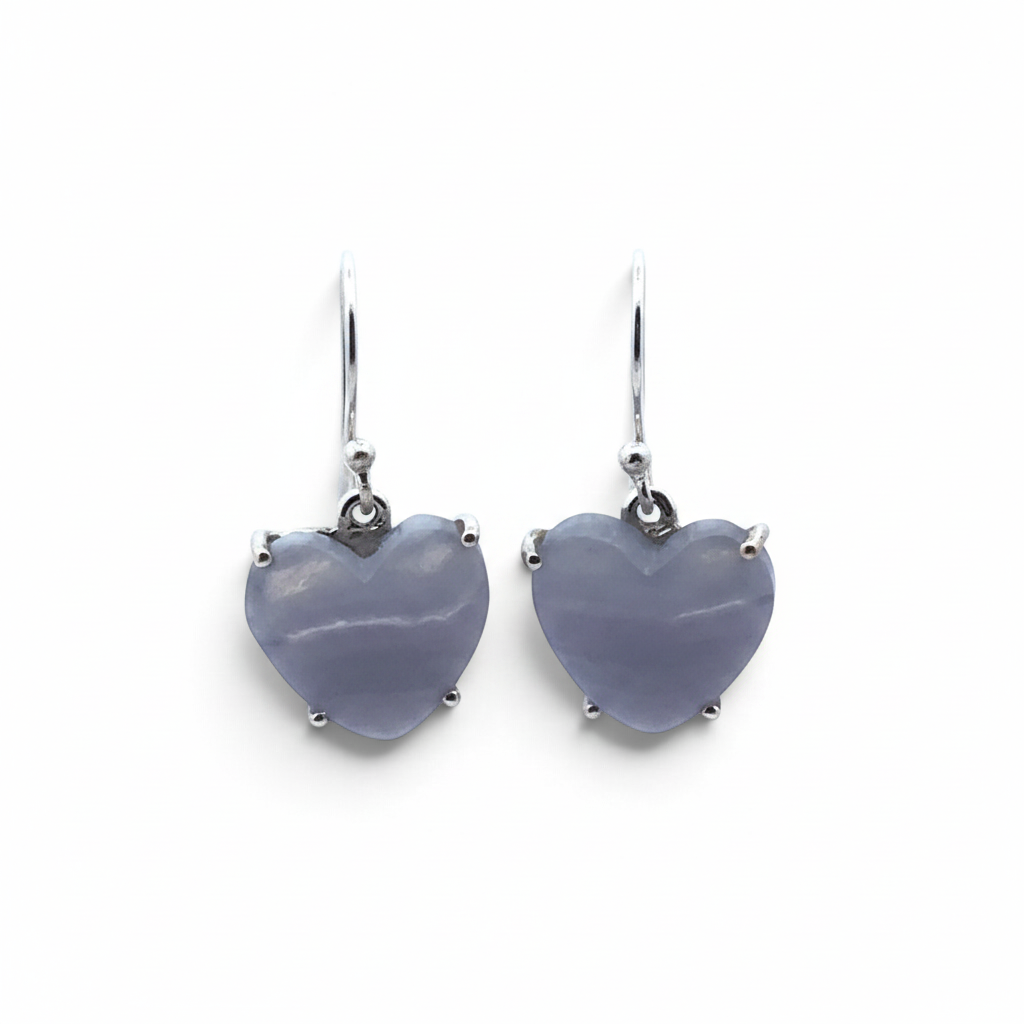 Rare Earth Gallery blue lace agate heart-shaped cabochon dangle earrings in 925 sterling silver prong settings.