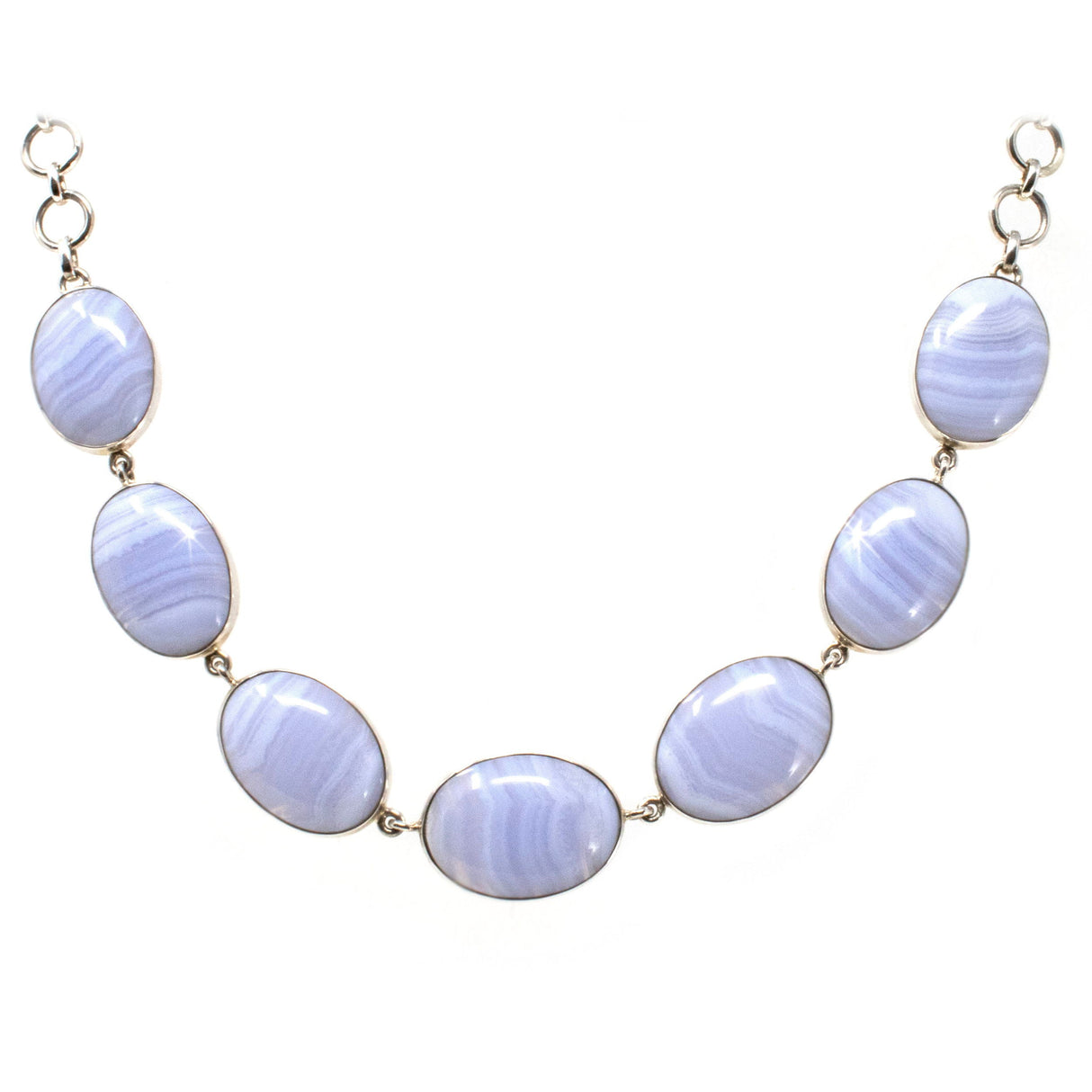 Blue Lace Agate Necklace - 7 Simple Oval Cabochons with Silver Bezels