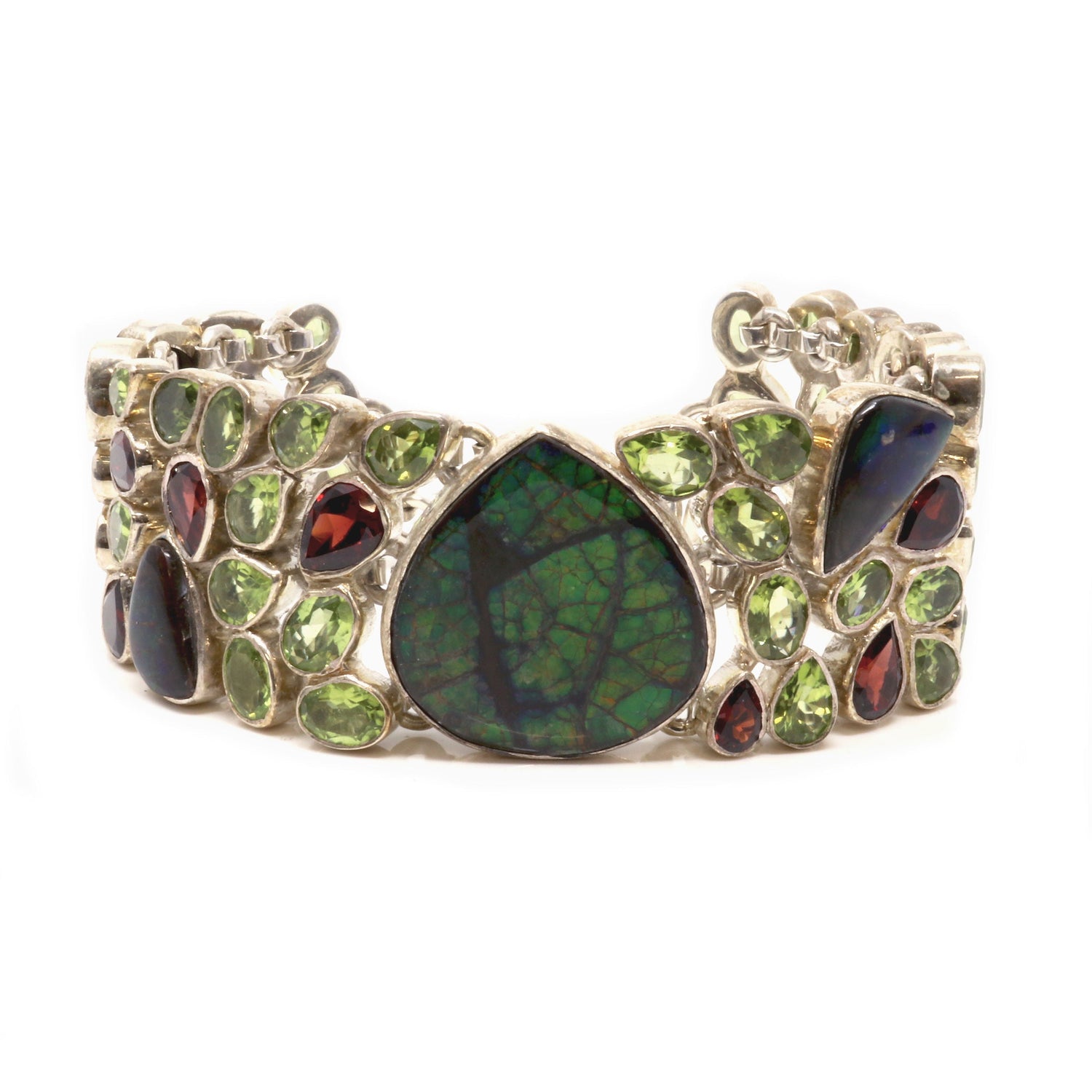 Ammolite Fossil & Peridot Link Bracelet - Pear Center Stone with Garnet - 4 Rows