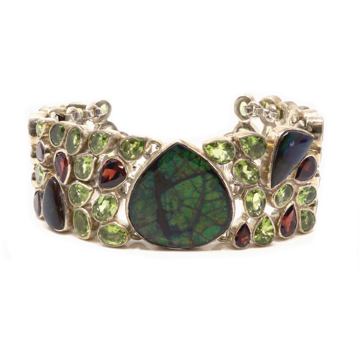 Ammolite Fossil & Peridot Link Bracelet - Pear Center Stone with Garnet - 4 Rows
