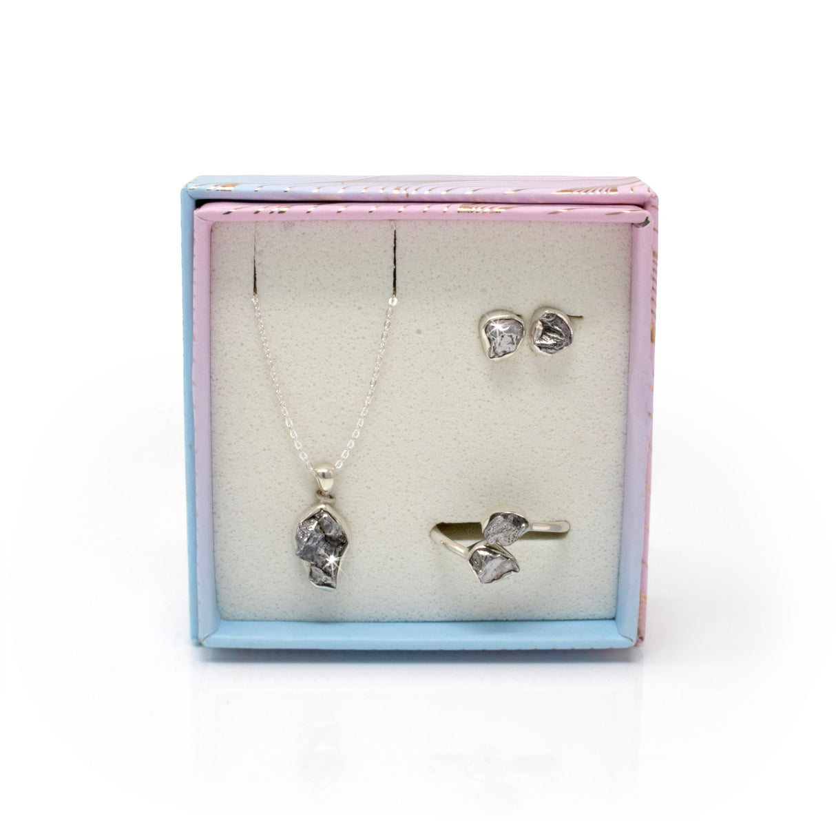 Campo De Cielo Set with Necklace & Stud Earrings & Duo Ring with Open Top - Bezel Set Nuggets Size 7