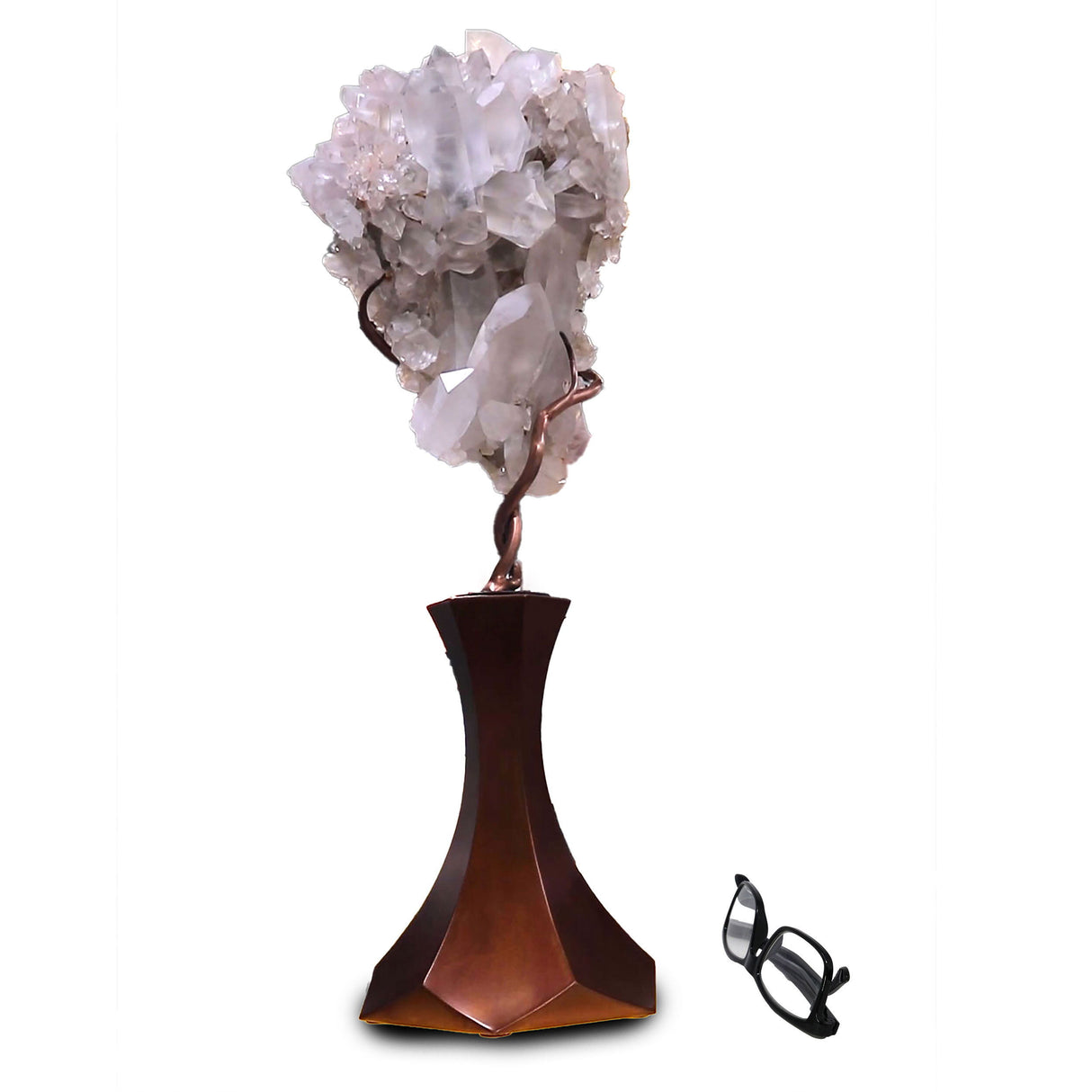 Brazilian Tourmalated Quartz Cluster with Citrine Druze Back on Custom Vine Rotating Hexagonal Tapered Base