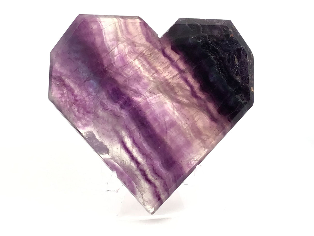 Rainbow Fluorite Heart - Flat with Faceted Faces on Lucite Stand (Diagonal Purple Banding & Tan Included Matrix on Curved Edge)
