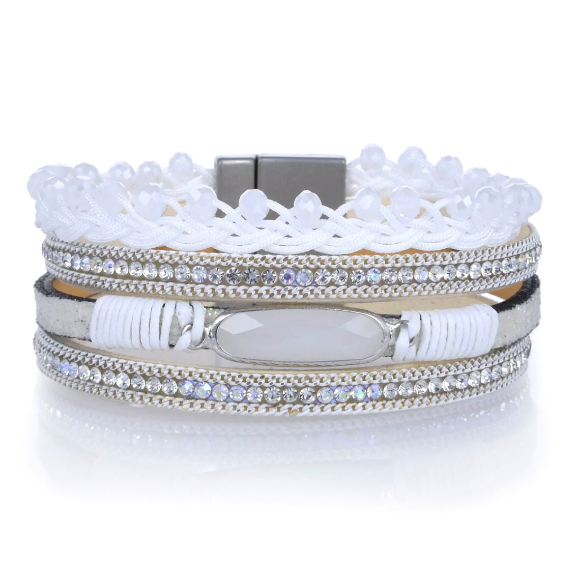 Sparkle Multi Wrap Bracelet - White Braid with Iridesenct & Magnetic Clasp