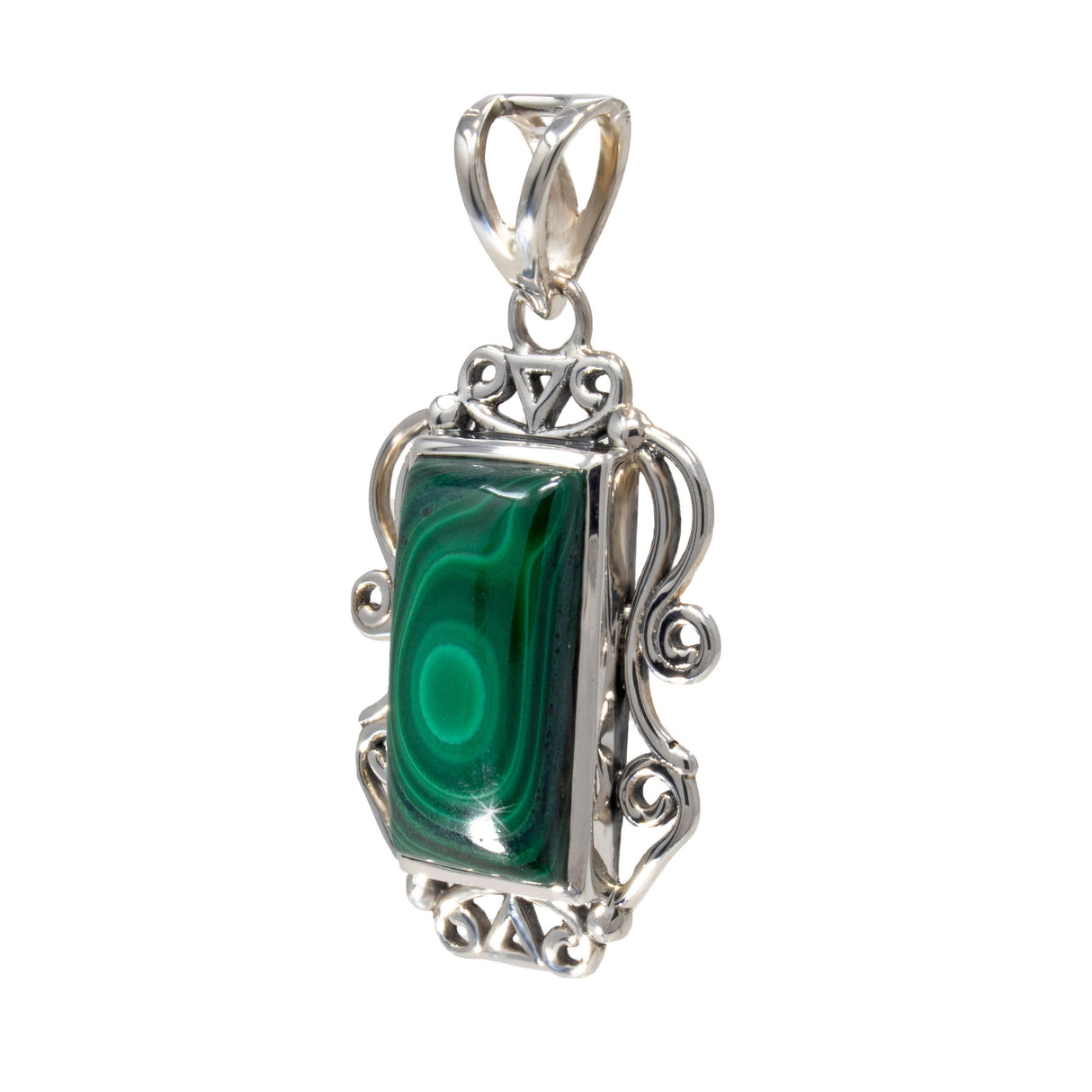 Malachite Pendant - Rectangle Cabochon with Silver Bezel & Silver Wire Filigree with Open Cut Bail
