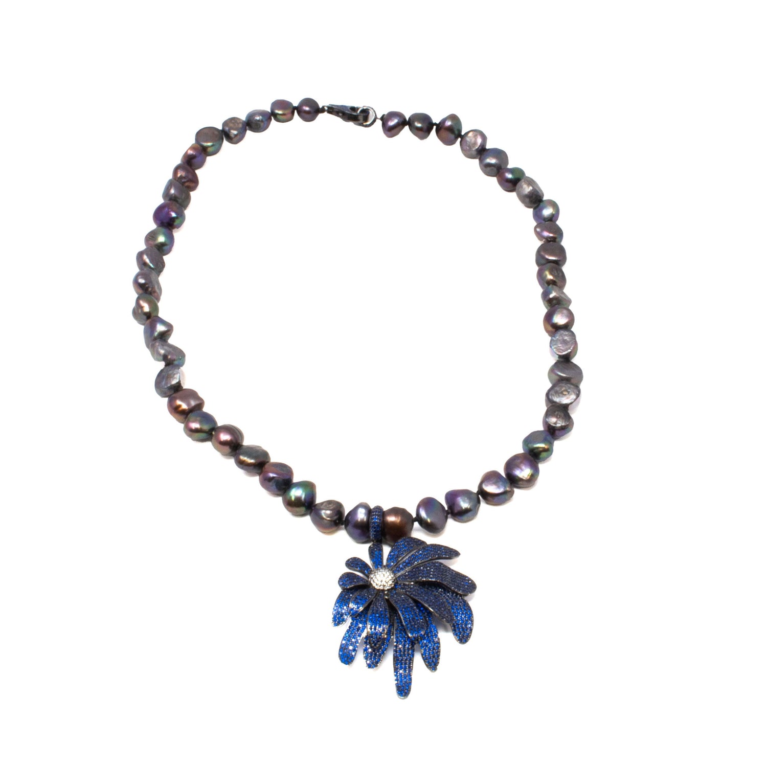 Tahitian Pearl Necklace - Tahitian Pearls with Removable Blue & Clear Swarovski Crystal Flower in Dark Finish over 925 Sterling Silver