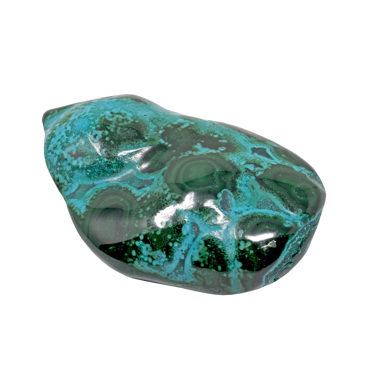 Chrysocolla Malachite Freeform Polished - Flowering Around Eyes on the Main Face on Lucite Stand