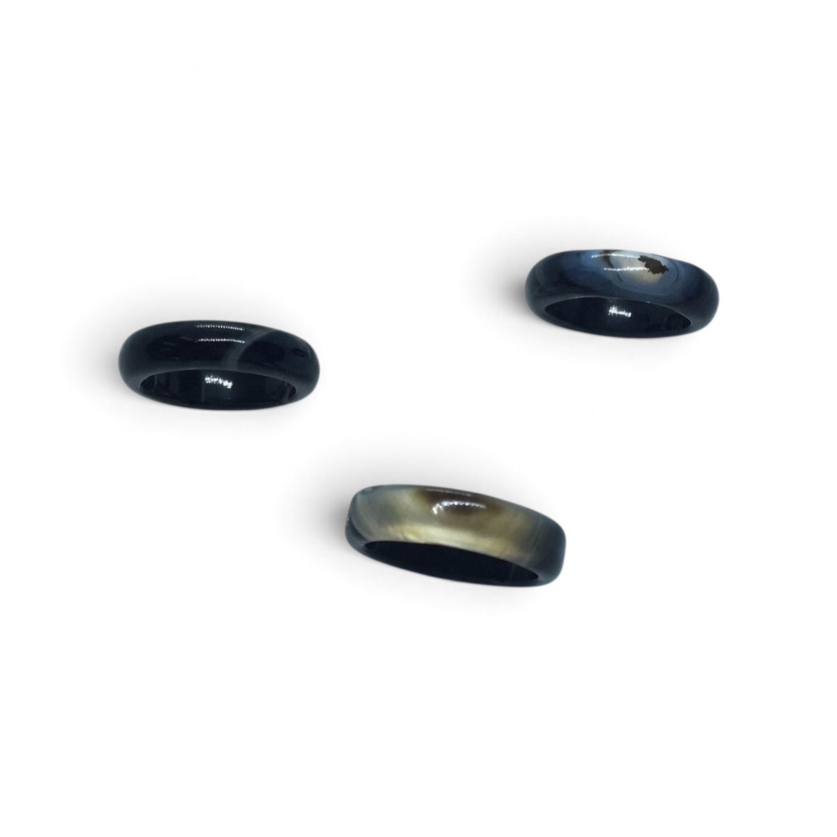 Rare Earth Gallery black sardonyx band rings in size 8 featuring polished stone surfaces with natural banding