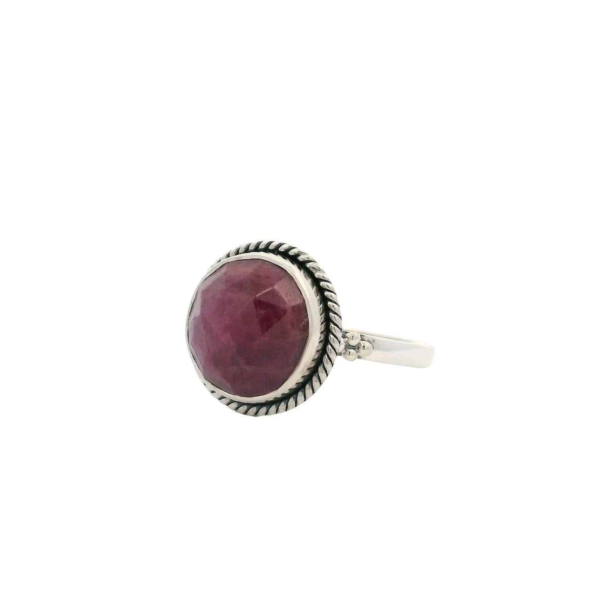 Ruby Ring - Faceted Round Bezel Set with Rope Accent in 925 Sterling Silver sz10