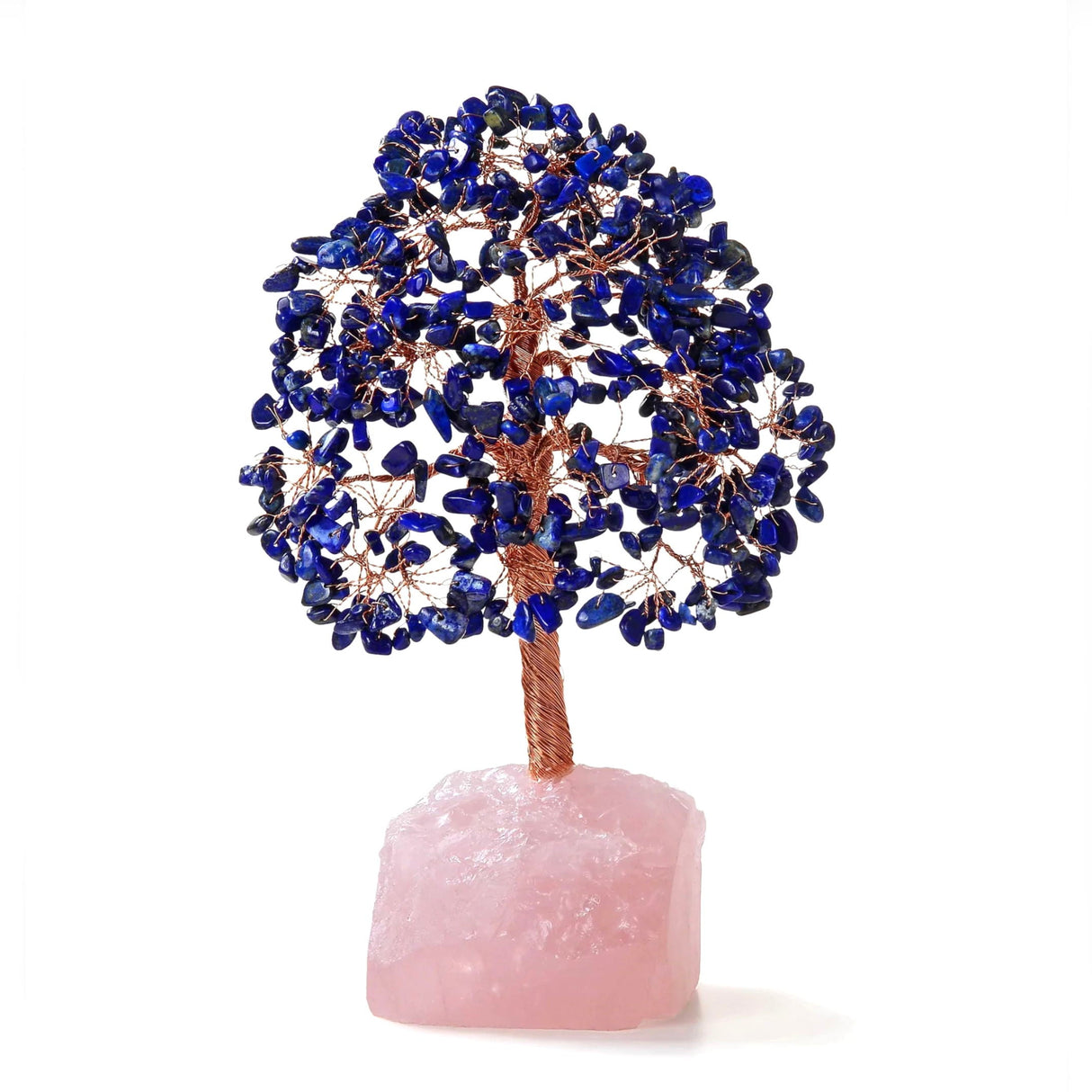 Lapis Lazuli Copper Wire Beaded Bonsai Tree on Rose Quartz Base