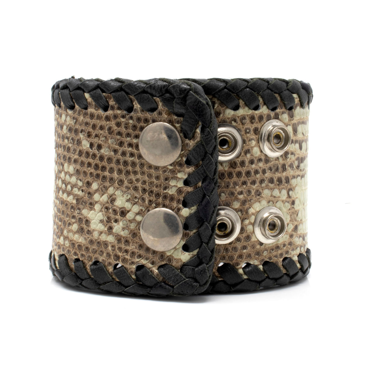 Ammonite Leather Bracelet - Prong Set Ammonite Center on Leather Band with Black Braided Leather Edges