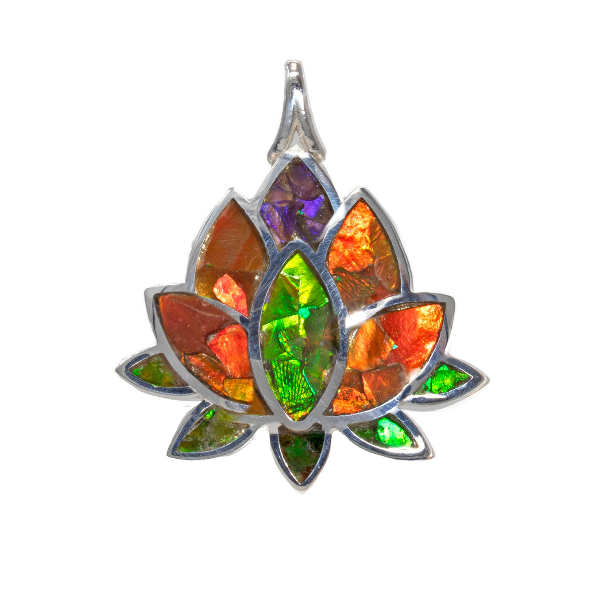 Ammolite Fossil Inlay Pendant - Lotus Flower with Silver Bezel