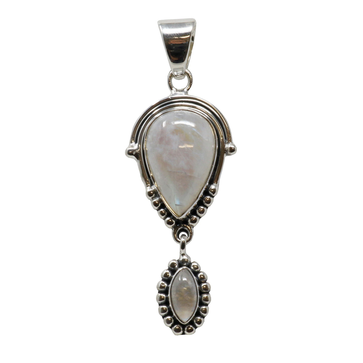 Rainbow Moonstone Pendant - Reverse Pear with Studded Bezel with Sharp Oval