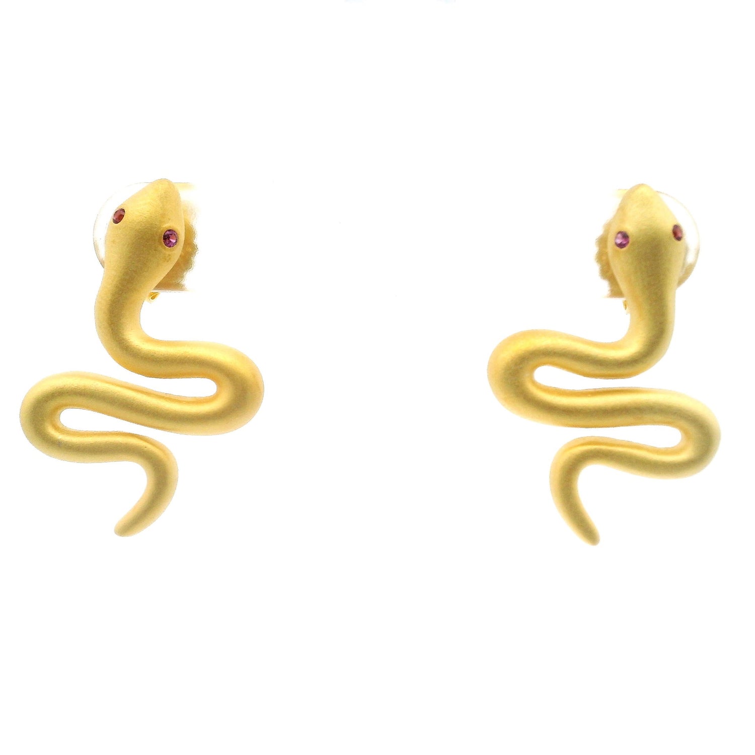 Nano Stone Stud Earrings - Brushed Gold Snake with Pink Eyes in Gold Vermeil over 925 Sterling Silver