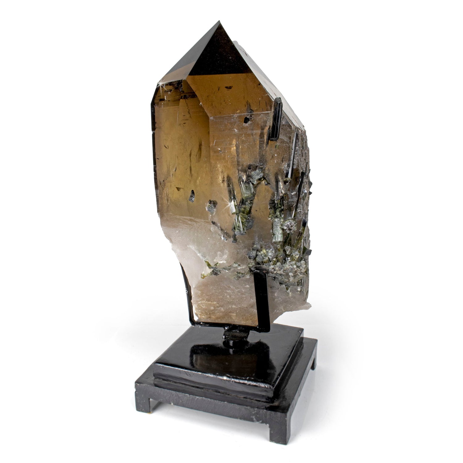 Smoky Quartz with Green Tourmaline Inclusions on One Side - Rotating Fitted Metal Stand from Brazil