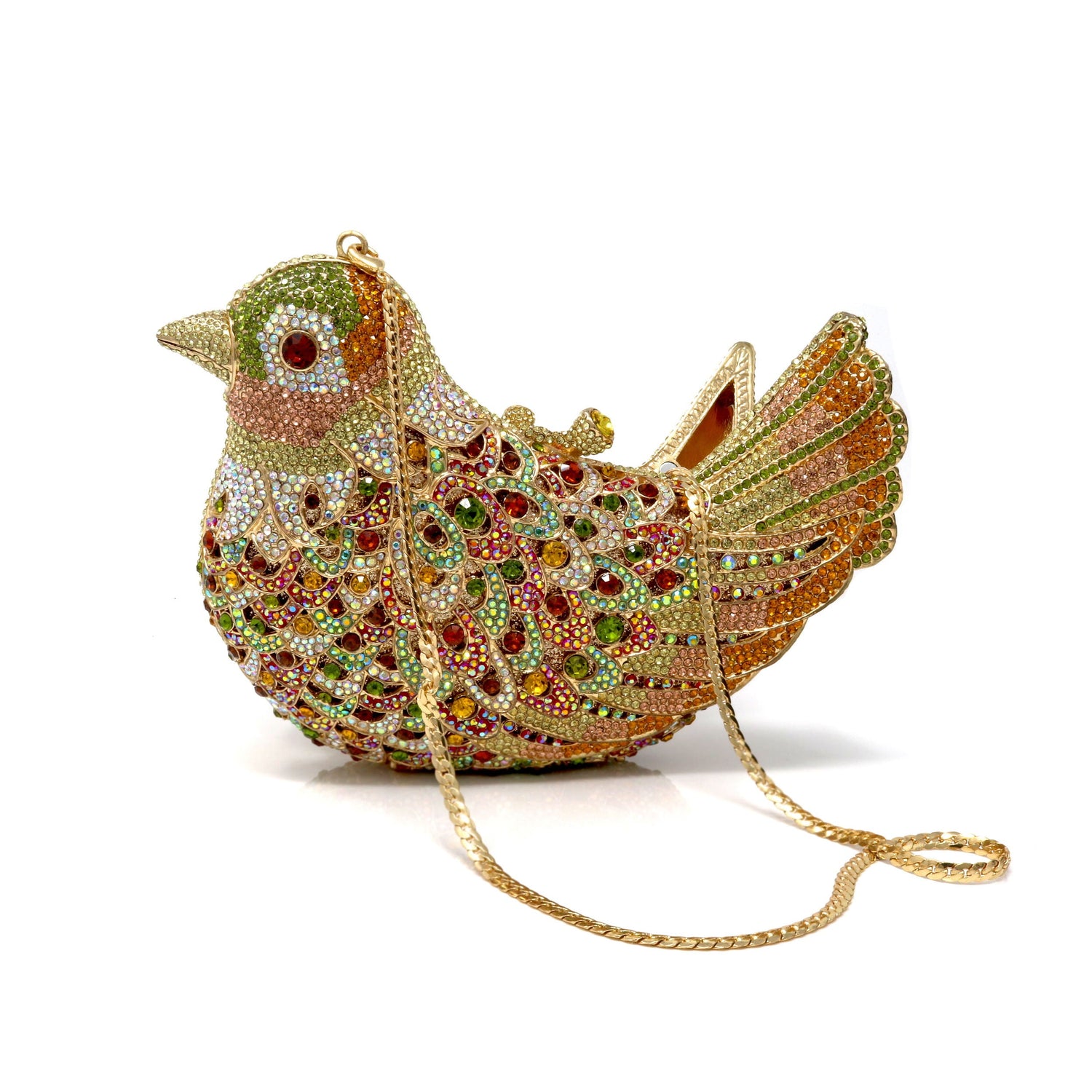 Fall Colors Bird Crystal Purse with Chain - Amber Eyes Gold Tone