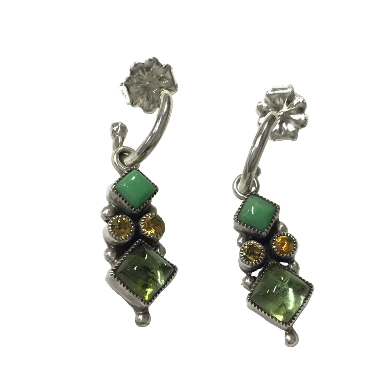 Multi Gemstone Dangle Earrings - 2 Faceted Citrine Rounds With Lime Green Turquoise & Peridot Diamond Set Squares With Hoop Post