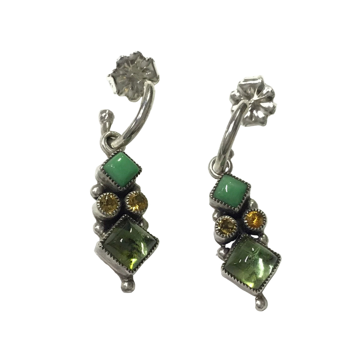 Multi Gemstone Dangle Earrings - 2 Faceted Citrine Rounds With Lime Green Turquoise & Peridot Diamond Set Squares With Hoop Post
