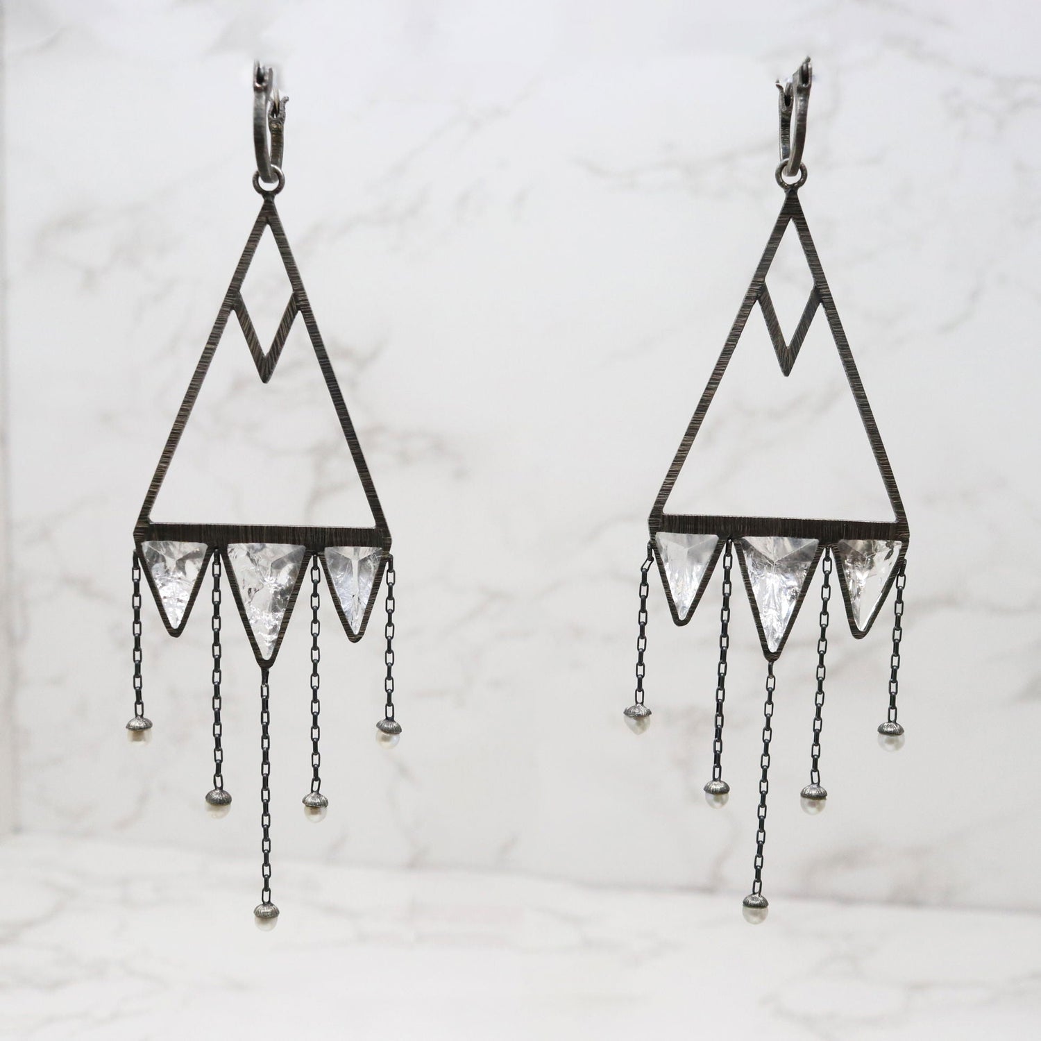 Quartz Dangle Earrings - Avant-Garde Triangle Trio on Large Open Silver Triangle with Brushed Rhodium & Dangling Pearls