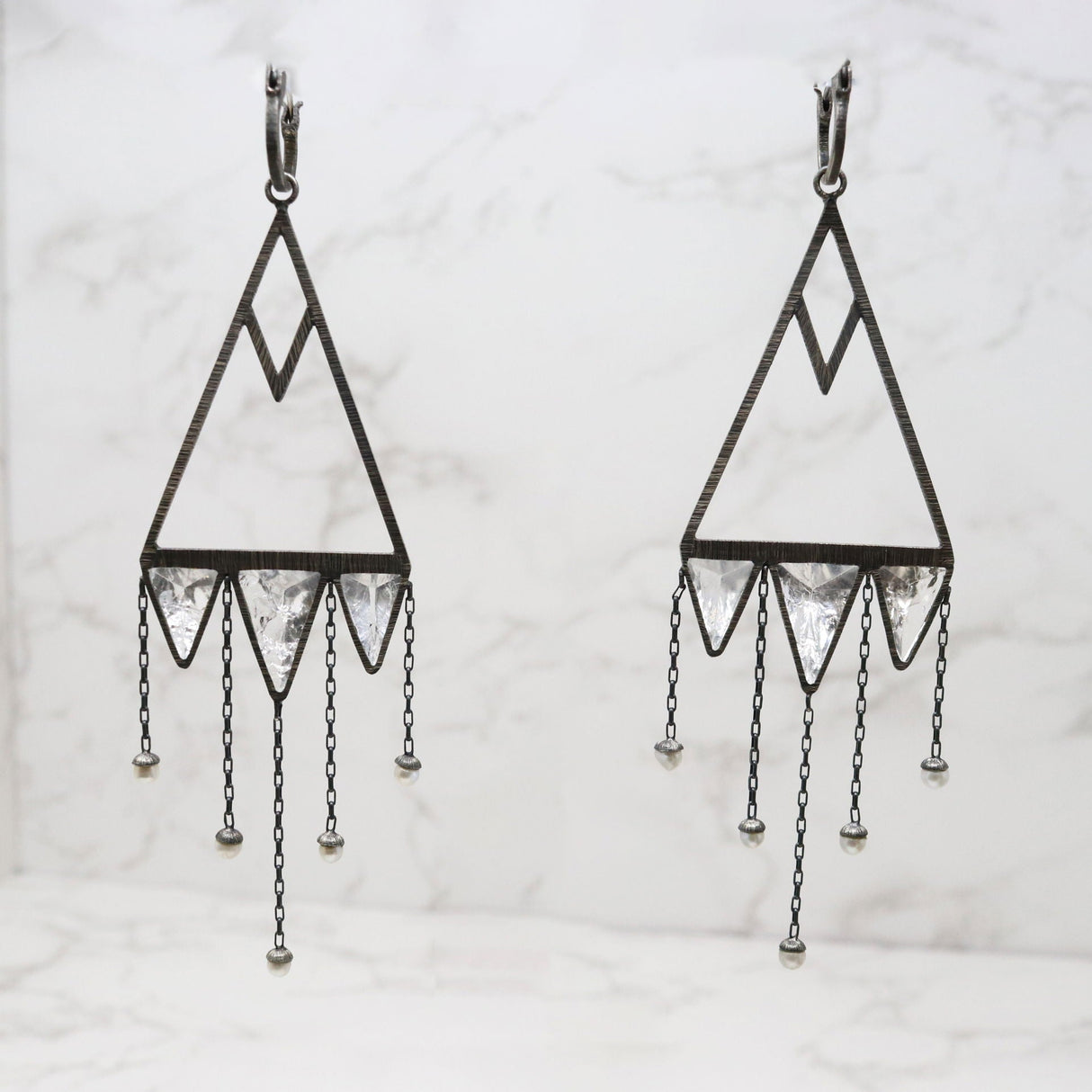 Quartz Dangle Earrings - Avant-Garde Triangle Trio on Large Open Silver Triangle with Brushed Rhodium & Dangling Pearls