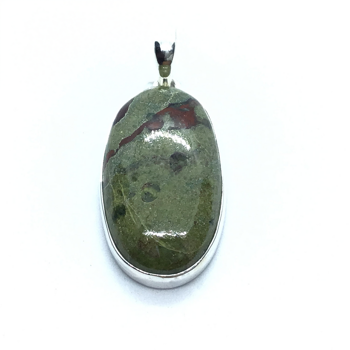 Dragon Bloodstone Pendant - Elongated Oval Cabochon with 925 Sterling Silver Bezel