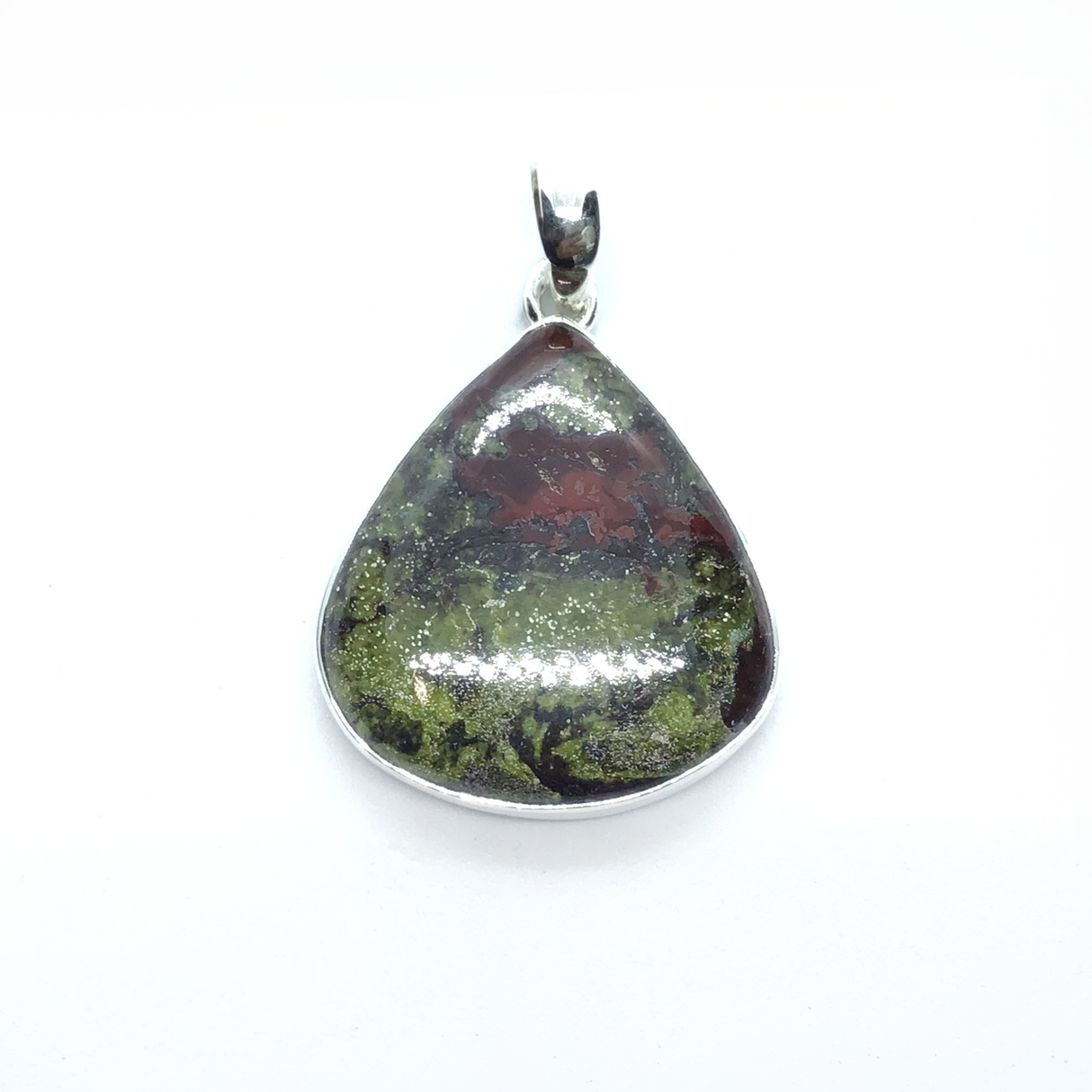Dragon Bloodstone Pendant - Wide Pear Cabochon with Simple 925 Sterling Silver Bezel