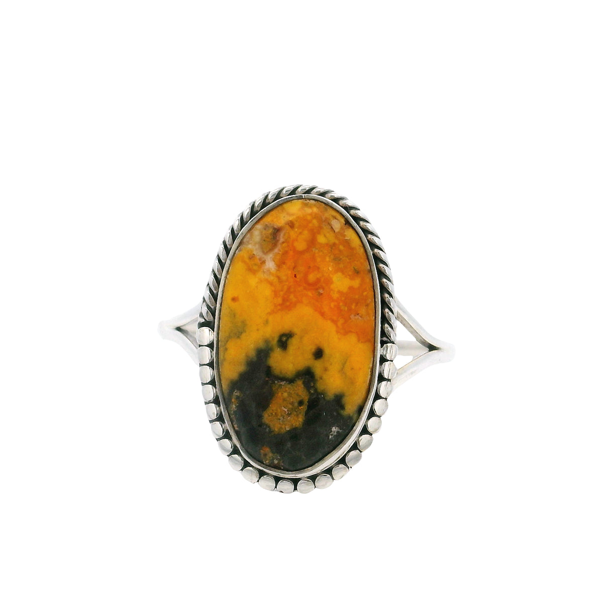 Bumblebee Jasper Cabochon Ring with Silver Design Bezel
