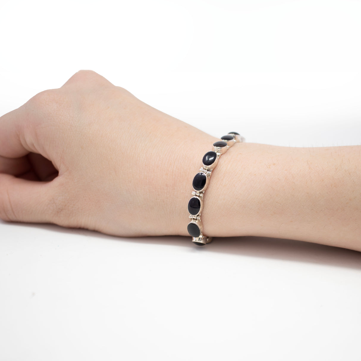 Black Onyx Link Bracelet - Simple Oval Cabochons With Silver Bezels & Box Clasp