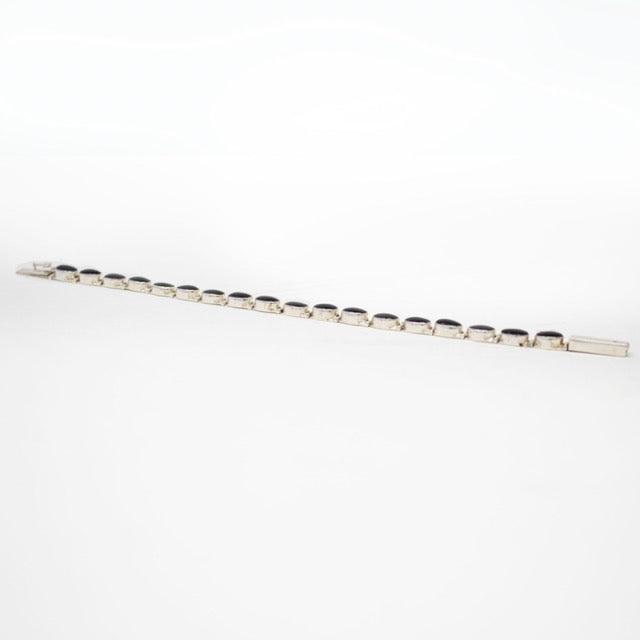 Black Onyx Link Bracelet - Simple Oval Cabochons With Silver Bezels & Box Clasp
