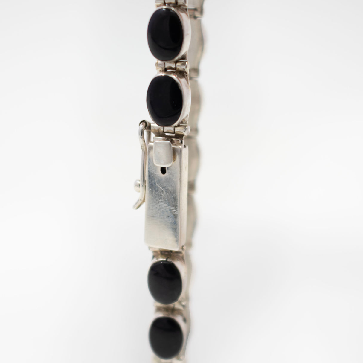 Black Onyx Link Bracelet - Simple Oval Cabochons With Silver Bezels & Box Clasp