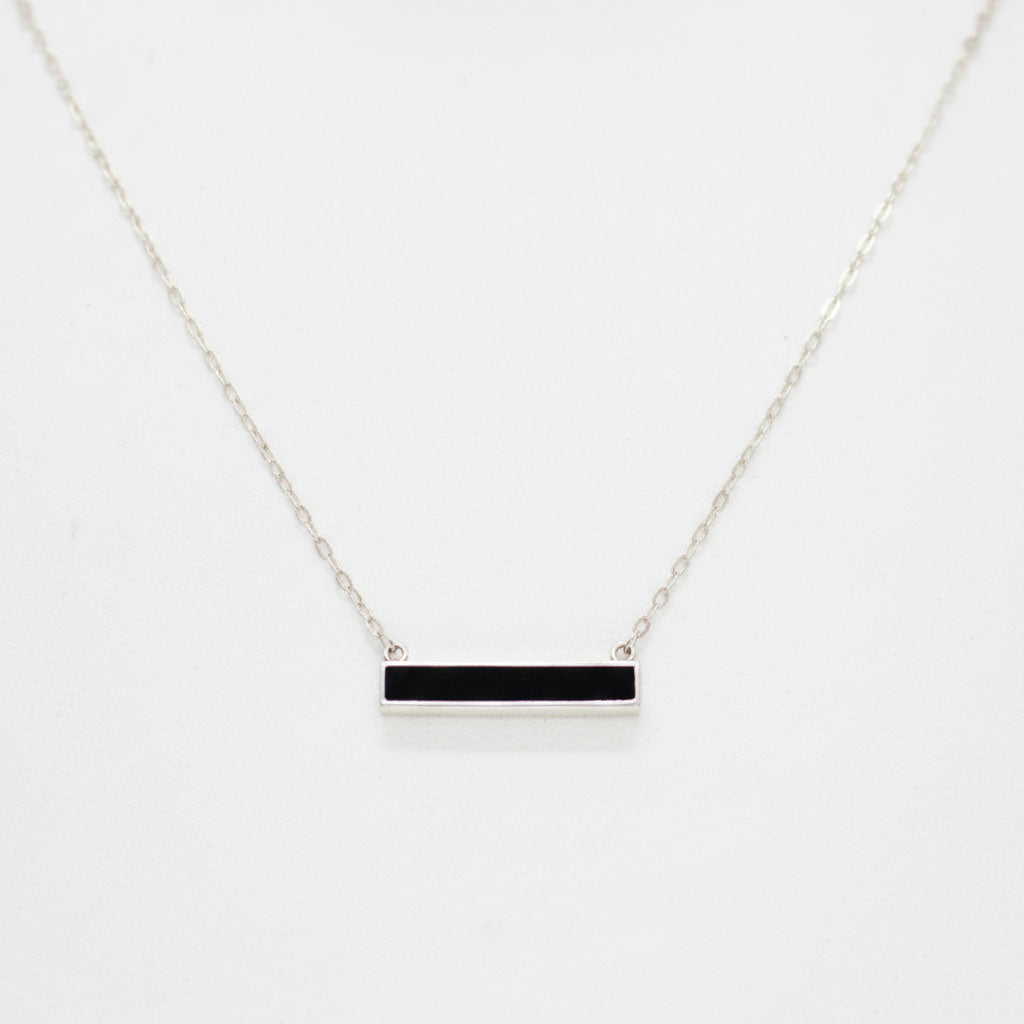 Black Onyx Necklace - Simple Horizontal Set Flat Cut Rectangle with Silver Bezel on Box Chain