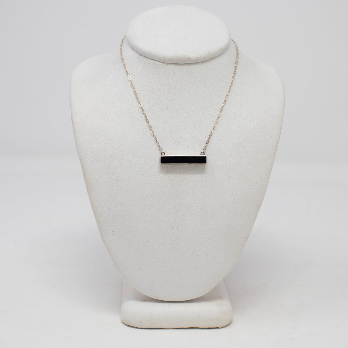 Black Onyx Necklace - Simple Horizontal Set Flat Cut Rectangle with Silver Bezel on Box Chain