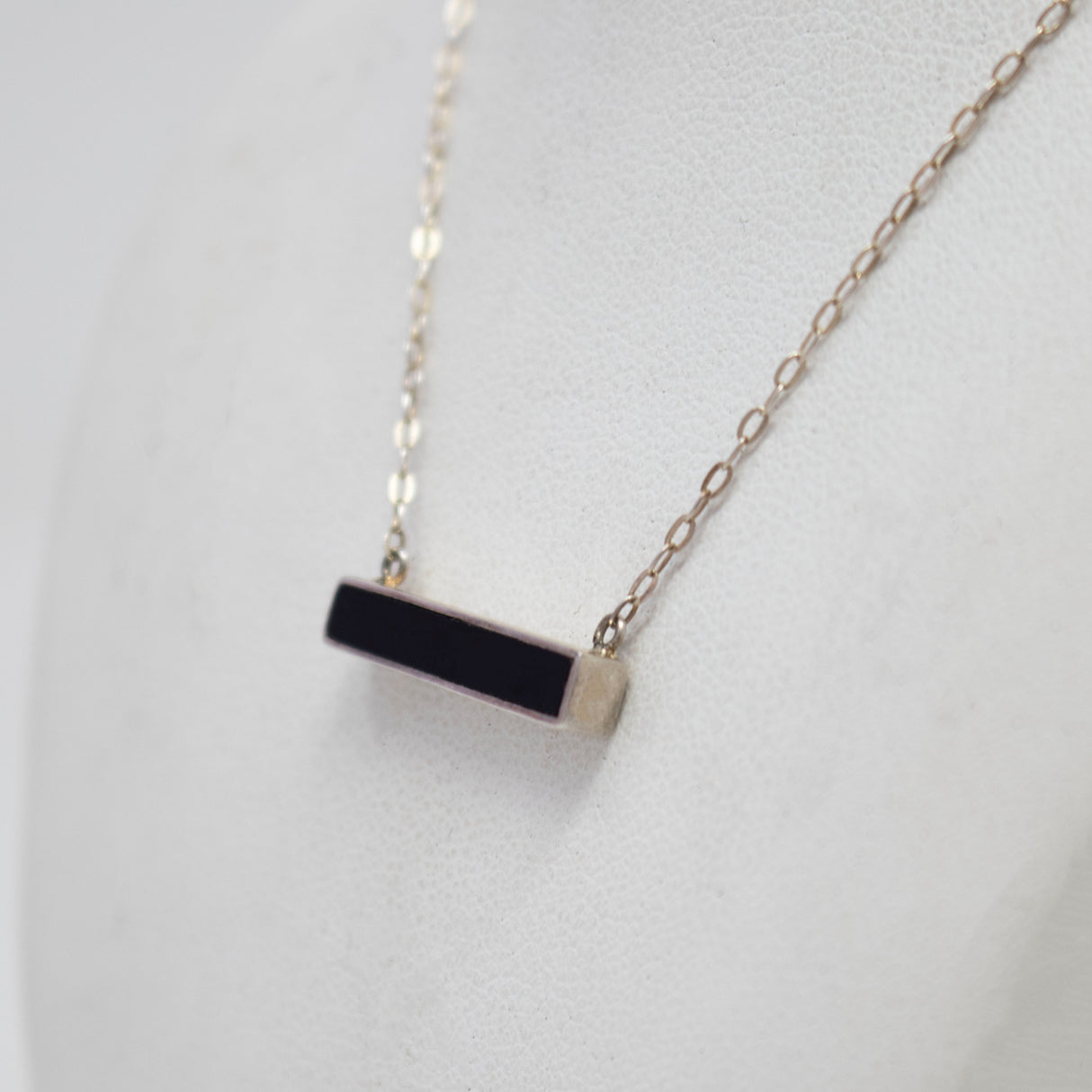 Black Onyx Necklace - Simple Horizontal Set Flat Cut Rectangle with Silver Bezel on Box Chain
