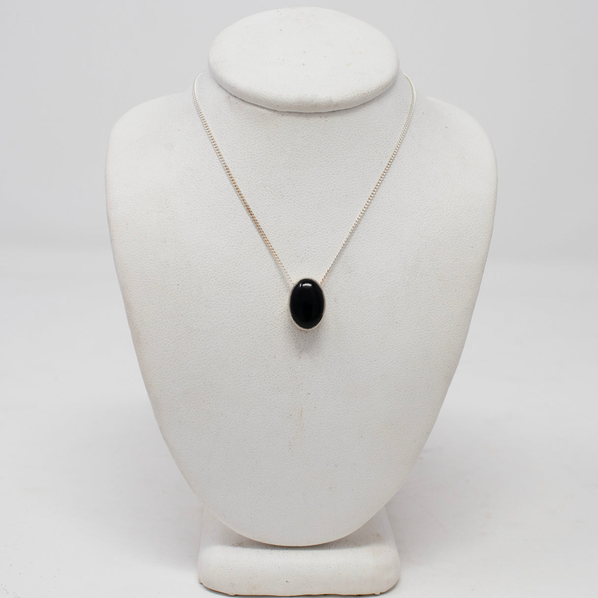 Black Onyx Necklace - Dainty Oval Cabochon With Simple Silver Bezel On Box Chain