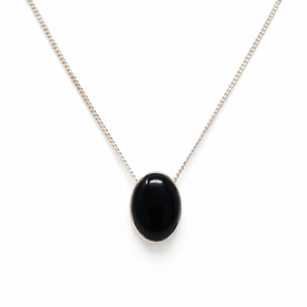 Black Onyx Necklace - Dainty Oval Cabochon With Simple Silver Bezel On Box Chain