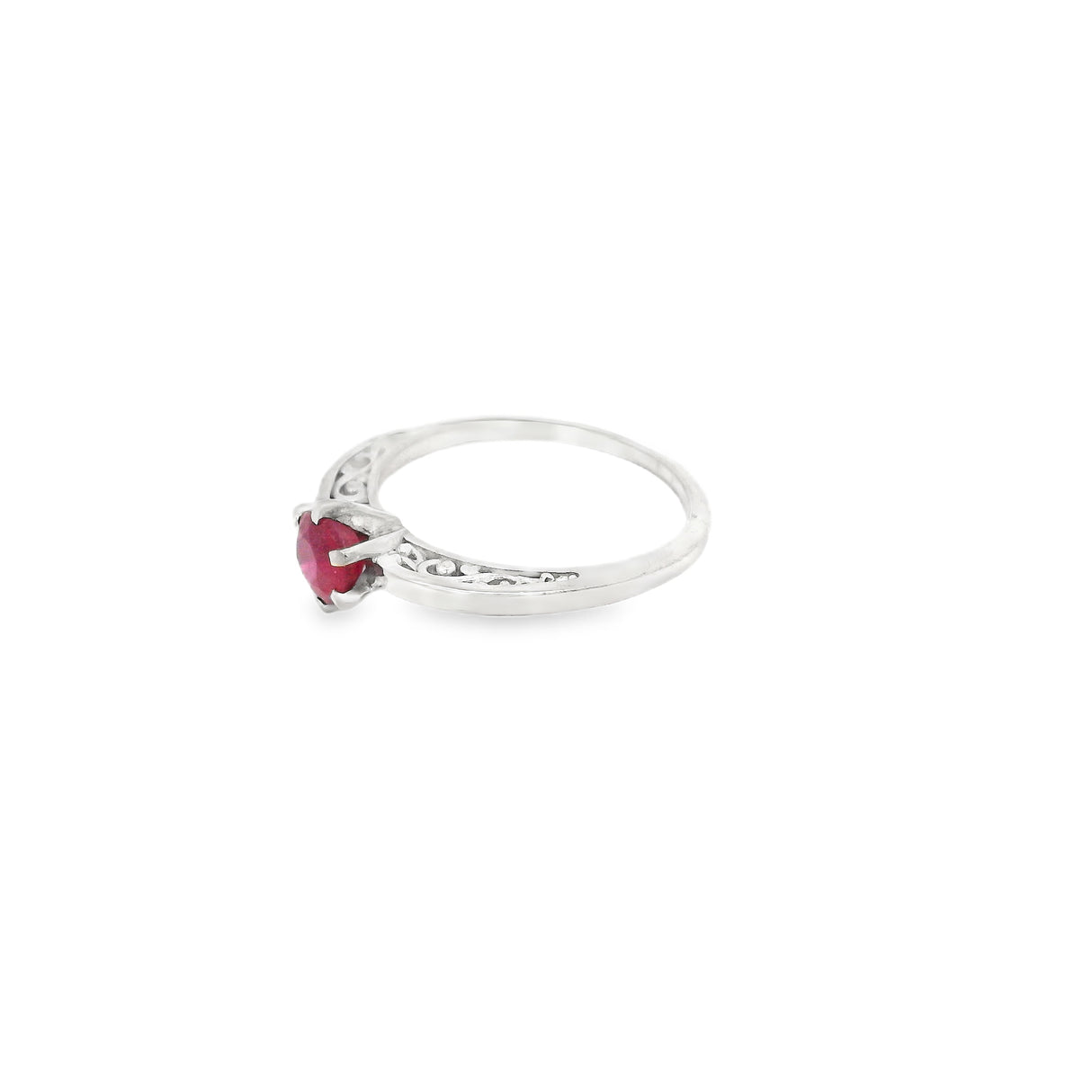 Ruby Ring - Faceted Round Prong Set on 925 Sterling Silver Band with Cutout Filigree sz6