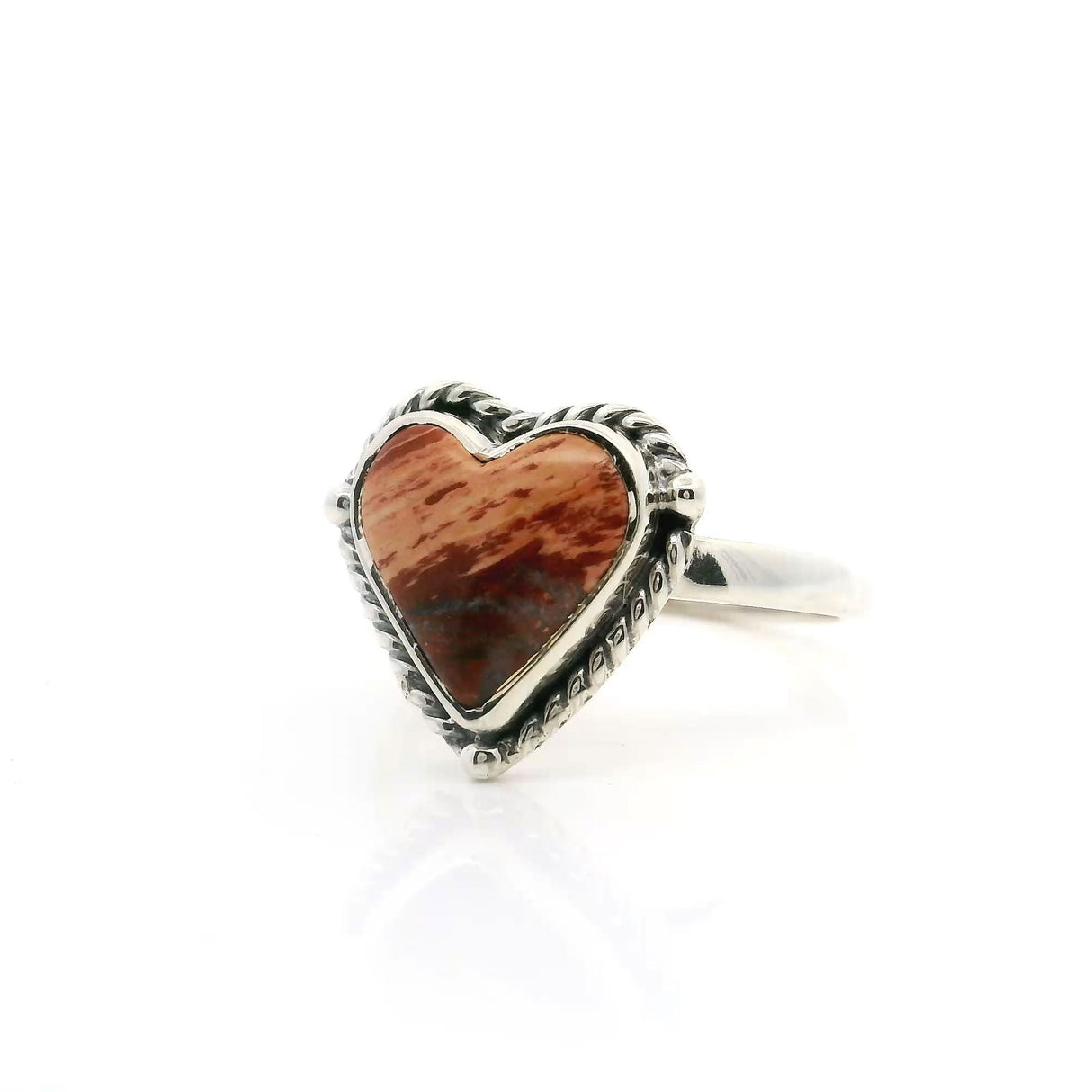 Red Jasper Ring - Heart Cabochon with Large Peach & Small Gray Inclusions Bezel Set with Rope Detail in Simple 925 Sterling Silver sz6