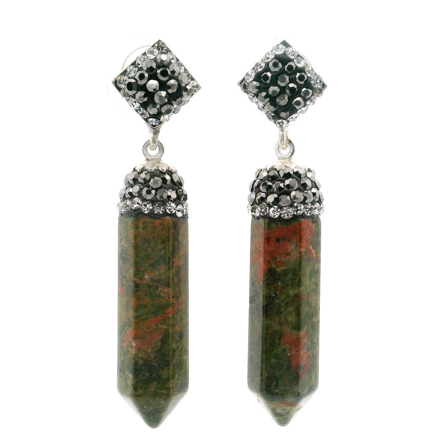 Unakite Dangle Earrings - Point Lantern Set with Silver Swarovski Crystals & Marcasite Hanging from Square in 925 Sterling Silver