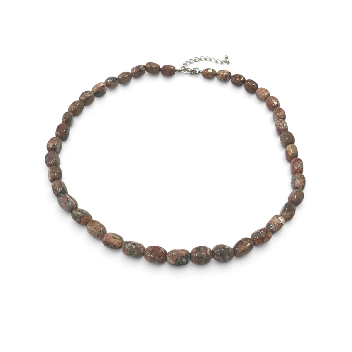 Rare Earth Gallery pink leopardskin jasper necklace featuring tumbled rectangular beads on a silver-tone chain