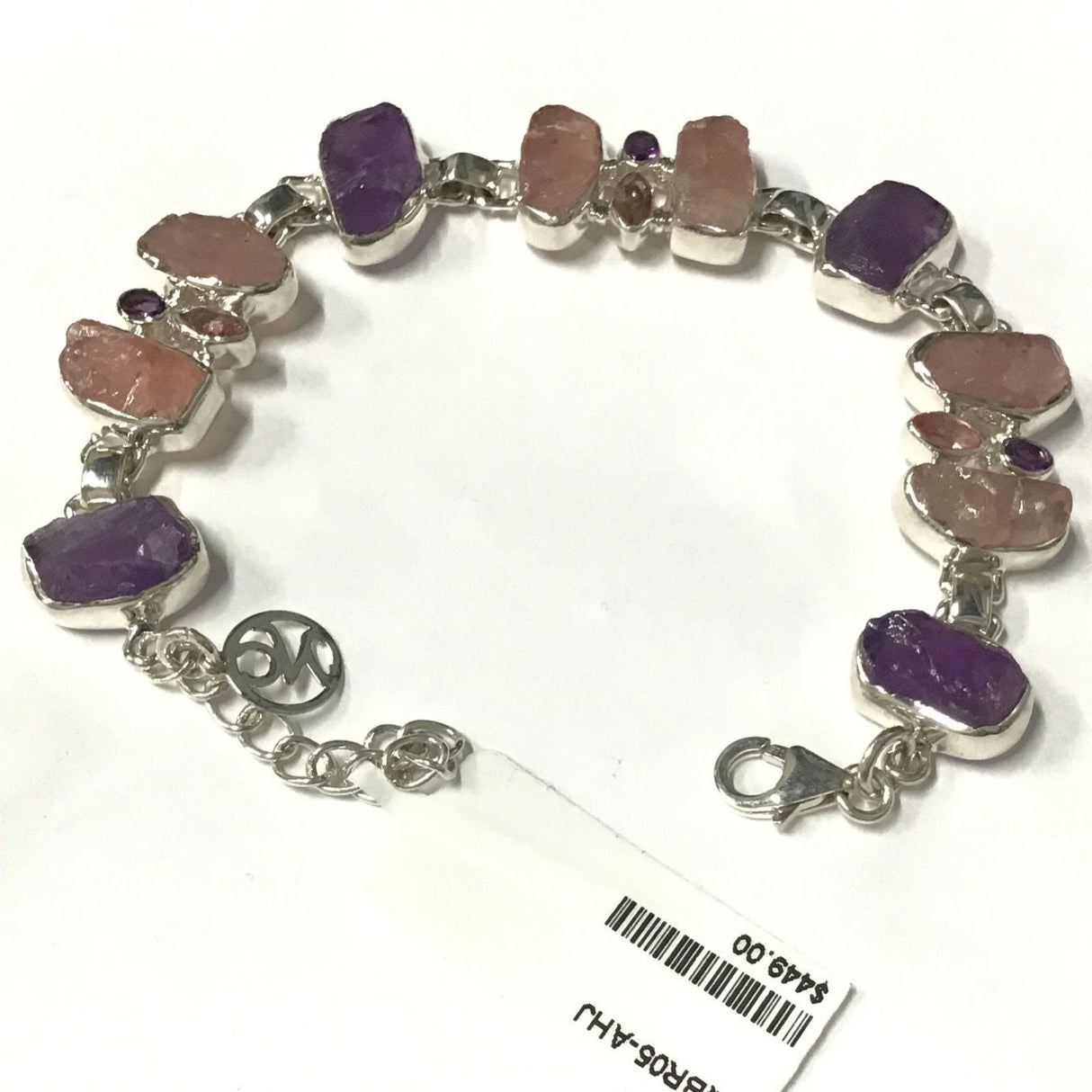 Rose Quartz & Amethyst With Pink Tourmaline Bracelet - Rough Amethyst & Rose Quartz With Faceted Pink Tourmaline & Amethyst With Silver Bezels
