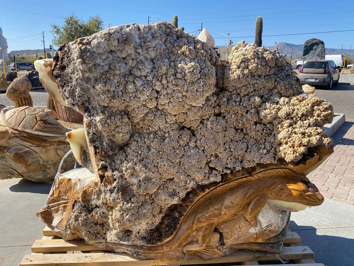 Grey Marble & Green Talan Onyx Iguana Cluster Carving With Coral - Large