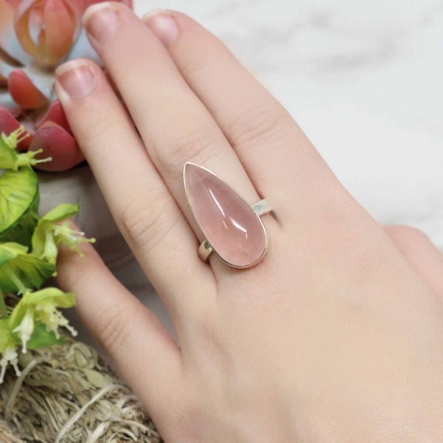 Rose Quartz Ring - Elongated Pear Cabochon with Silver Bezel Sz8