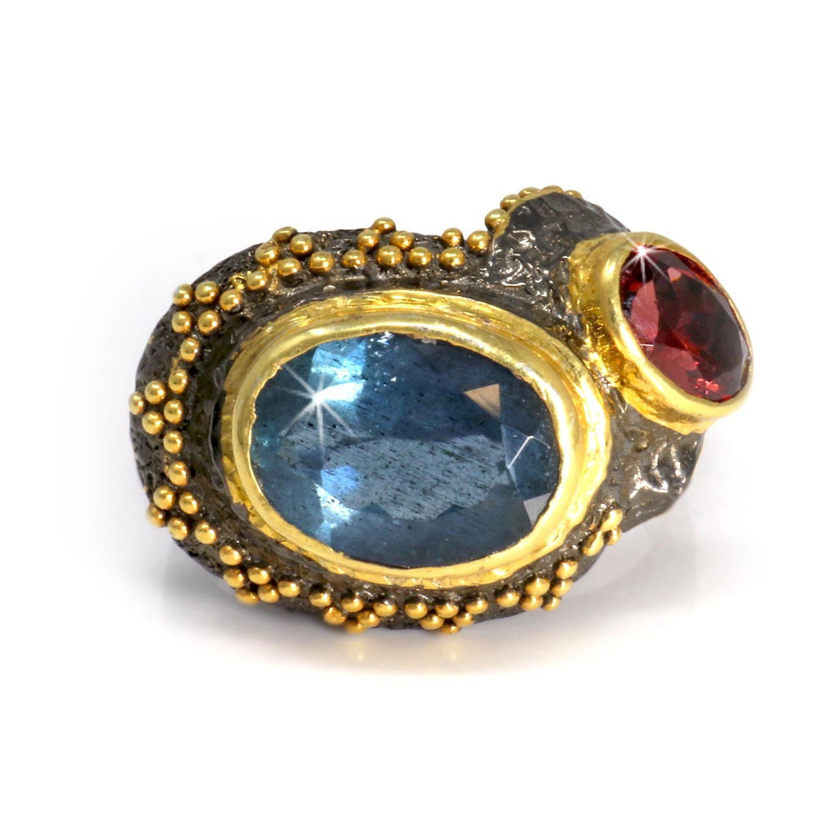 Aquamarine Ring Size 6.5 - Faceted Oval with Faceted Pink Tourmaline Oval Set in Stamped Oxidized Band with Gold Vermeil Accents