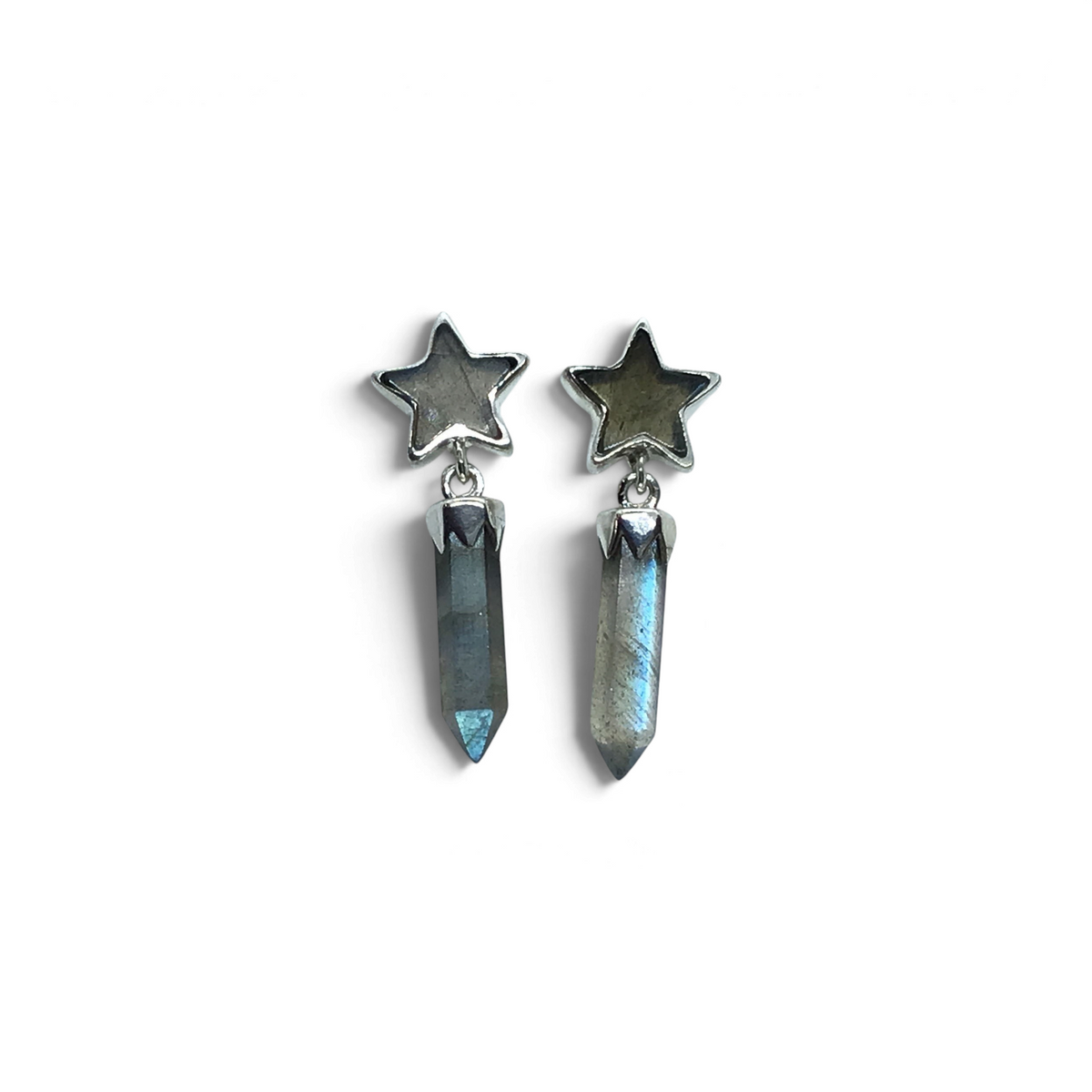 Labradorite star stud earrings with dangling faceted crystal points showing blue flash