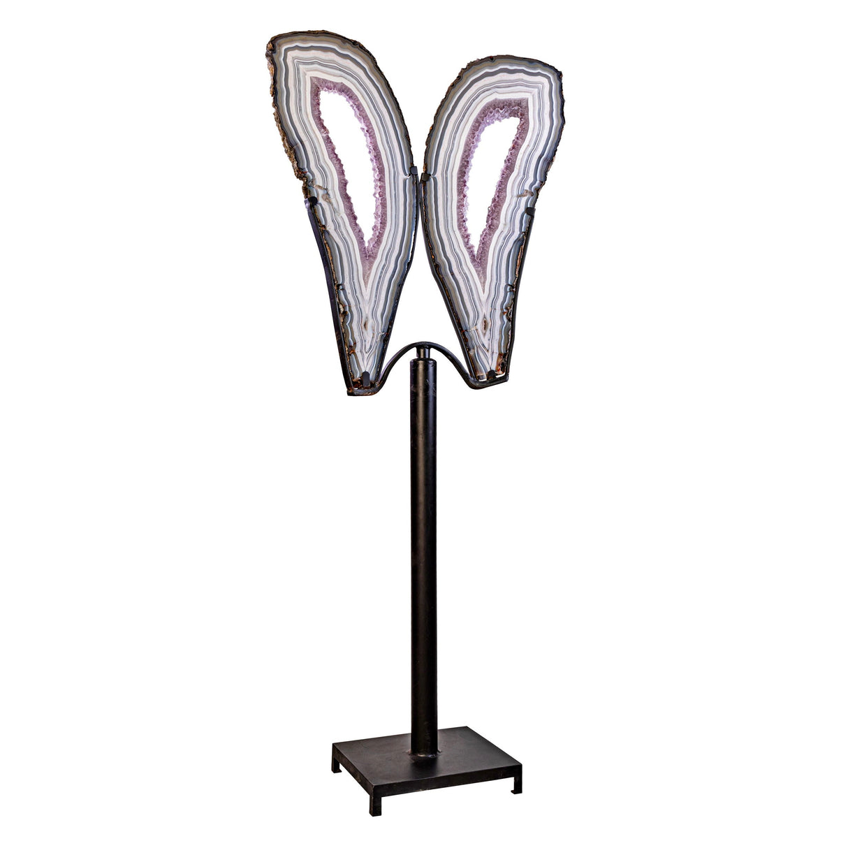 Agate Butterfly Wings in Spinning Fitted Stand - Banded with Frosted Amethyst Druze Center
