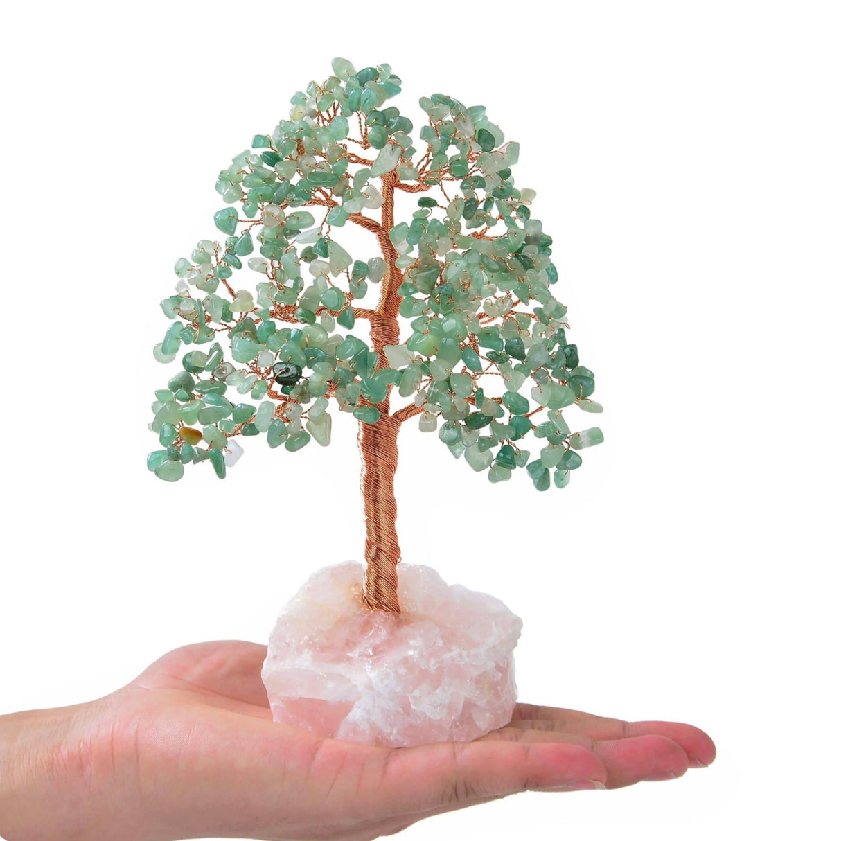 Aventurine Copper Wire Beaded Bonsai Tree on Rose Quartz Base